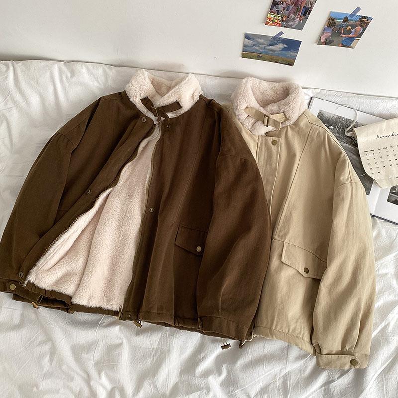 

Thicken Warm Fur Women Coats Winter2021 Turtleneck Long-Sleeved Loose Safari Style Female Jackets Outwear Tops, Brown