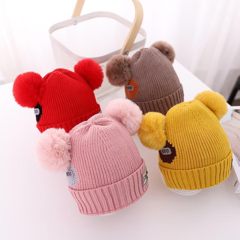 

Beanie/Skull Caps KENSHELLEY Children's Woolen Hats Autumn And Winter Pompom Knit Hat Baby Thick Children Labeling Double Ball Warm Hoo, Yellow