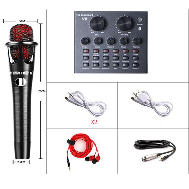 

Professional V8 Sound Card E300 Condenser Microphone Set for Studio Live Streaming Phone Computer Recording Singing Mic Holder