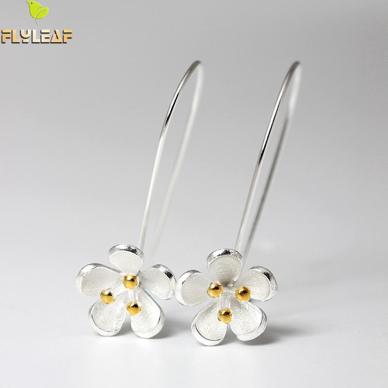 

Flyleaf 100% 925 Sterling Silver Flower Petals Dangle Earrings For Women Chinese Style Lady Vintage Jewelry