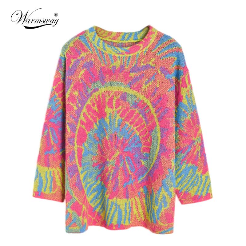 

2020 Fall Oversized Sweater Women Fashion tie-dye Loose O-neck Mohair knitting Pullover ladies oversize sweatshirt Jumper B-125, Multi