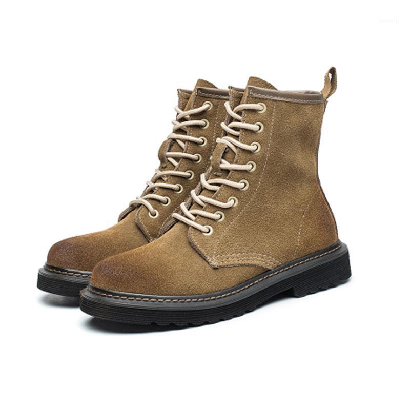 

Women's boots autumn winter British boots leather medium tube frosted leather short women's motorcycle1, Khaki