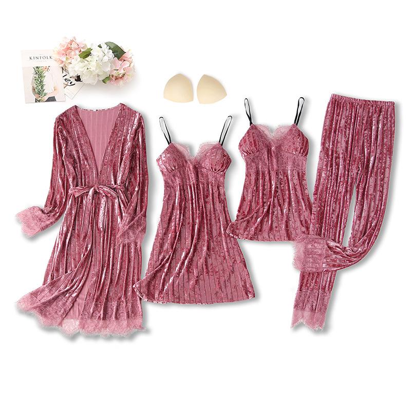 

Spring New Velour 4PCS Robe Gown Sets Womens Long Sleeve Bathrobe Sexy Strap Top&Pants Chest Pads Home Wear Sleepwear Sleep Suit, Pink