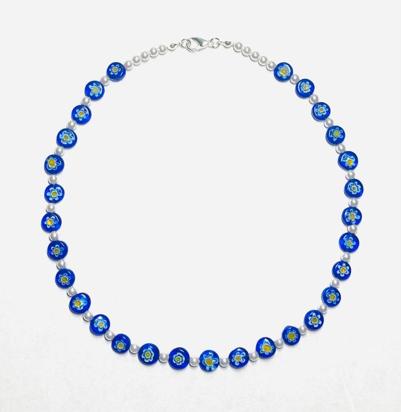 

Chokers Boho Women Blue Ladies Natural Freshwater Pearl Harry Styles Inspired Clear Millefiori Glass Bead Necklace 2021