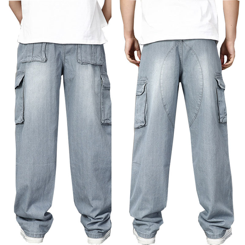 

Pants Men's Brem Loose Hip-hop Straight Multi-pocket Gray Denim Jeans for Man Size -46 Ohub, Gray1 back pocket.