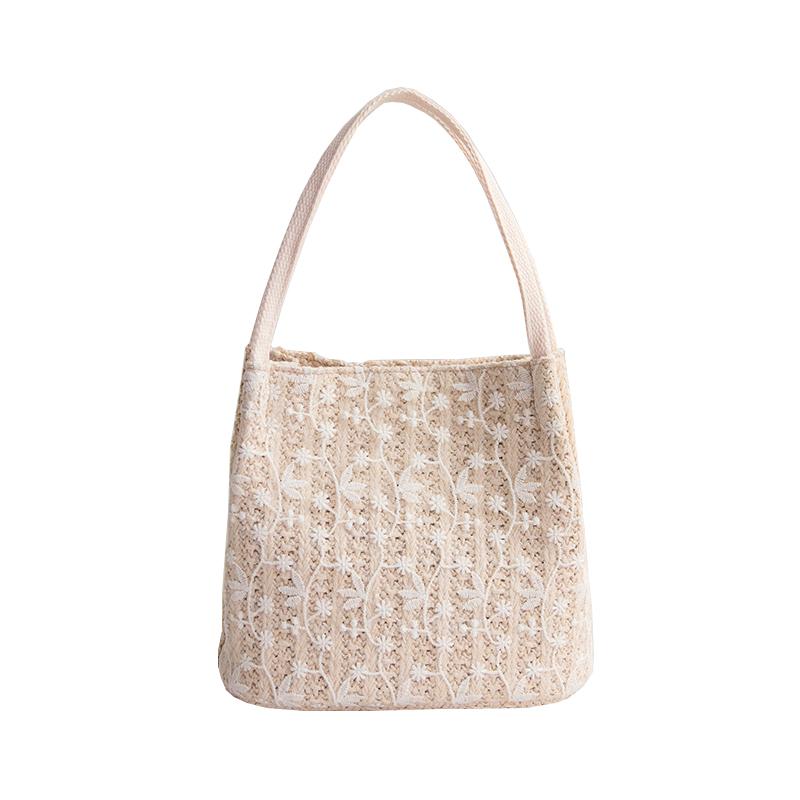 

2021 new women's handbag fashion lace straw bucket small bag Korean flower leisure handbag trend, As pic