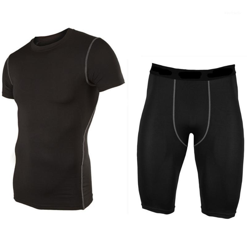 

High Quality Summer Gym Training Basketball Tshirt Fitness Clothes Men Track Running Shirt + Compression Shorts Running Set1, Black