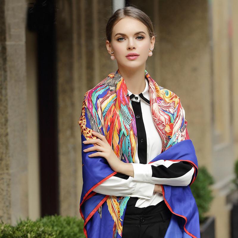 

Luxury 100% Twill Silk Square Scarf Women Fashion Feather Crown Design Handkerchief Hot Ladies Real Silk Scarfs Big Shawl Summer