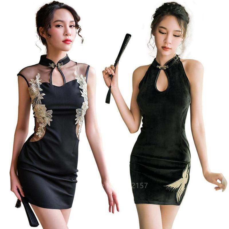 

Girls Sexy Chinese Cheongsam Qipao Women Black Split Embroidery Vintage Dress Babydoll Lingerie with T-back Panties Sleepwear