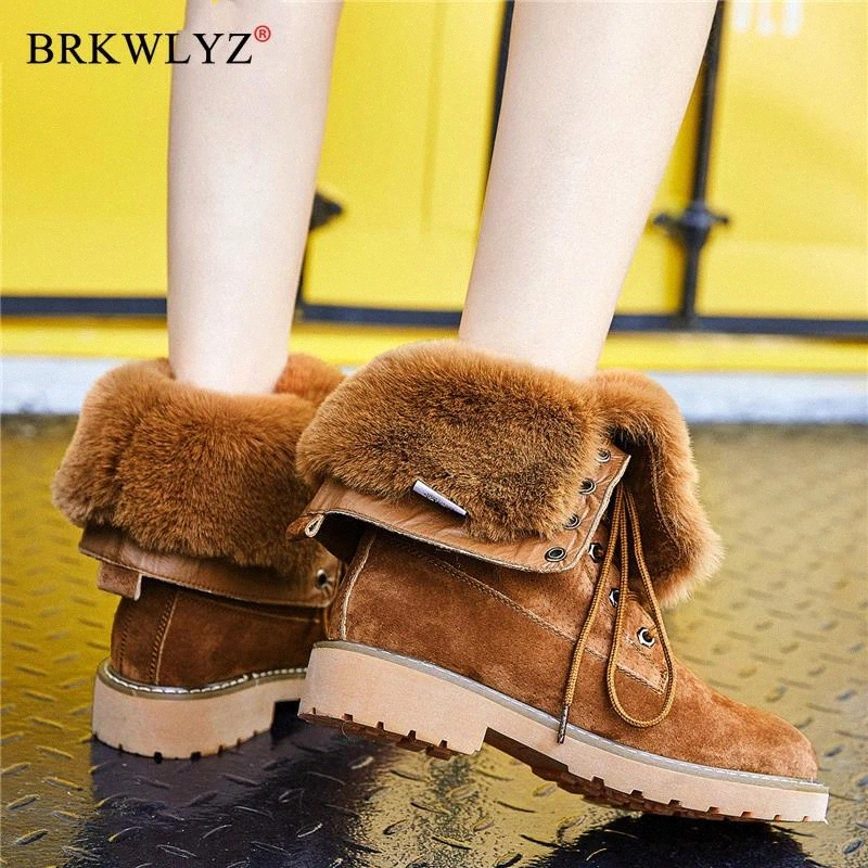 

Plus size 35-41 New genuine leather boots women shoes lace up thick fur warm mid calf boots retro winter snow #kn1p, Black