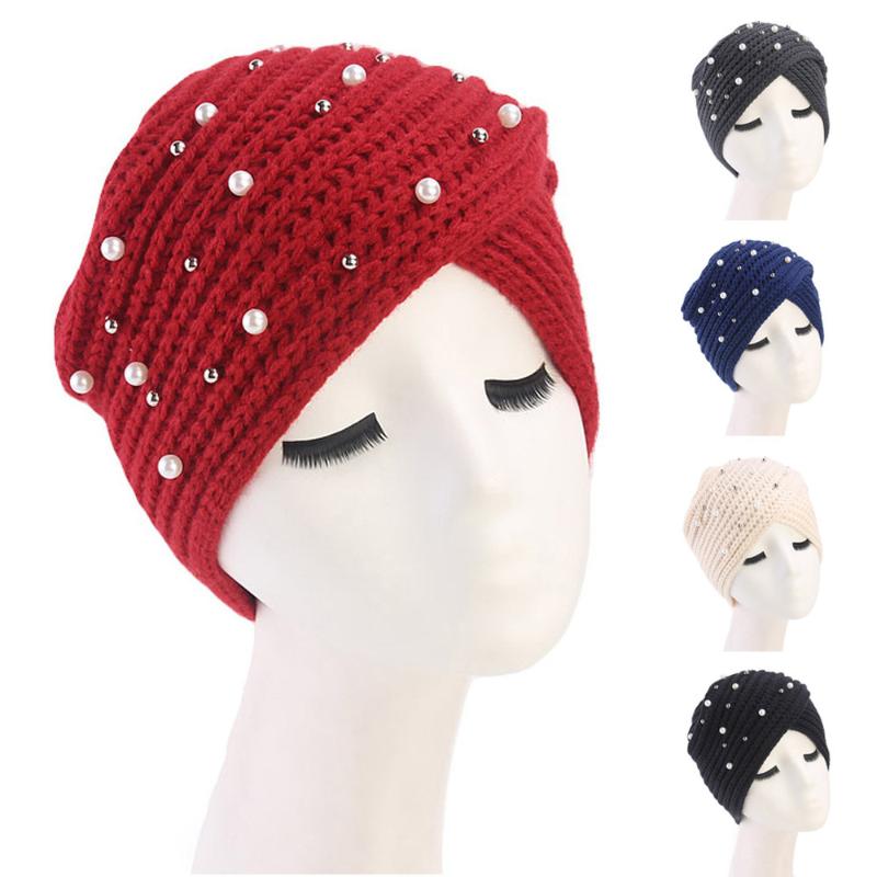 

Women Winter Warm Knitting Headbands Hat Turban Brim Pearl solid color keep warm Pile Cap Headwrap For Women, Black