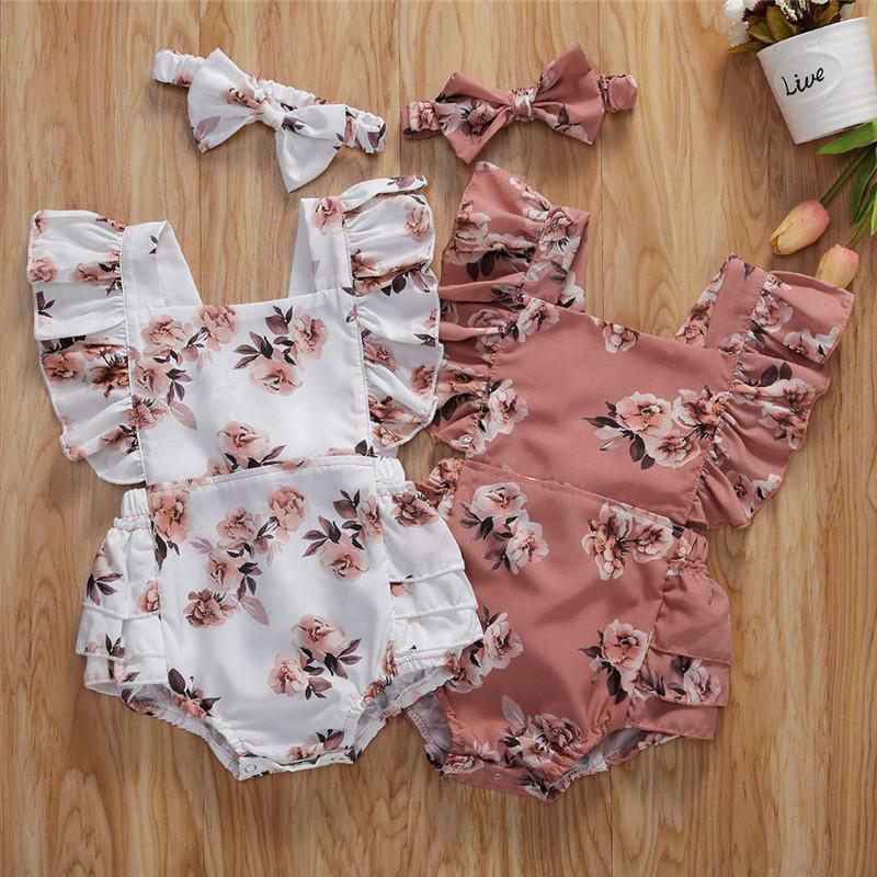 

Newborn Baby Girl Clothes Ruched Floral Print Short Sleeve Romper Bodysuit Tops Headband 2Pcs Outfits Clothes Baby Set1, Pink