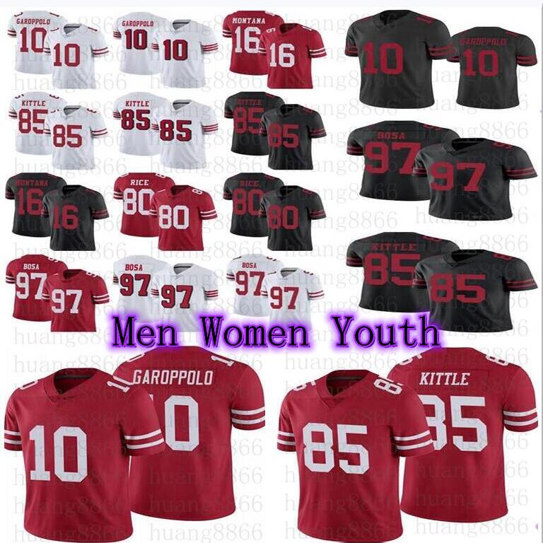 

Men women youth football 10 Jimmy Garoppolo 85 George Kittle 97 Nick Bosa Jerry Rice Joe Montana jersey, As