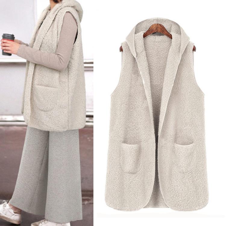 

Zoulv 2021 Spring Teddy Plush Vest Gentle Long Pocket Hooded Jacket Fashion Casual Top Cardigan Coat Sleeveless Cardigan Women, Creamy-white
