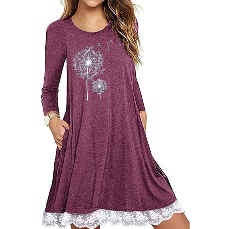 

Casual Dresses Women Spring Autumn Leisure Loose Mini Dress Long Sleeve Lace Hem Dandelion Printed Causal Fashion Home Wear With Pockets, Black