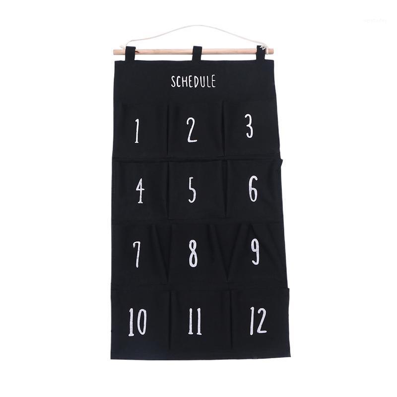 

Twelve Pockets Wall Back Storage Bag Cute Door Hanging Linen Cotton Sundries Organizer for Home Decor Dormitory (Black)1, White
