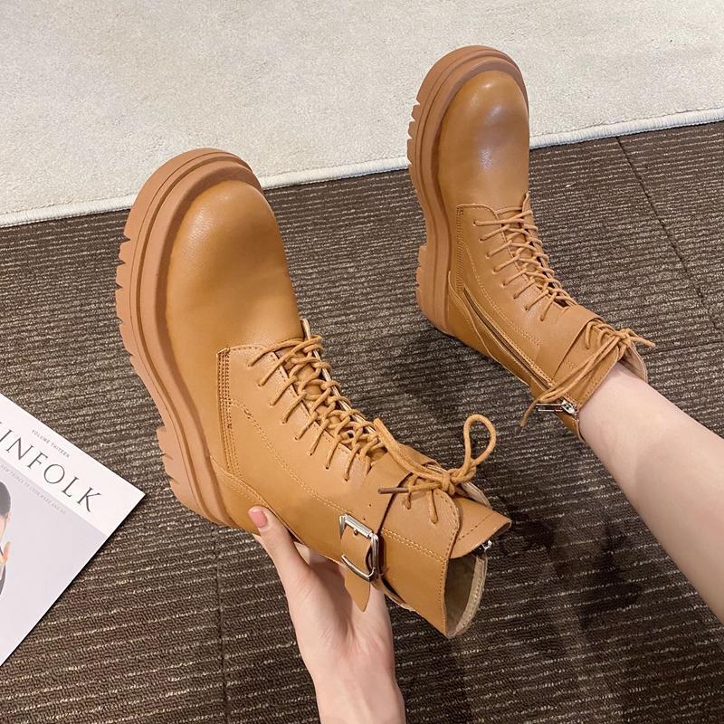 

High Boots Women Quality Zipper Metal Boots Buckle Thick Rubber Outsole Lace-up Round Toe Black Brown Cool1