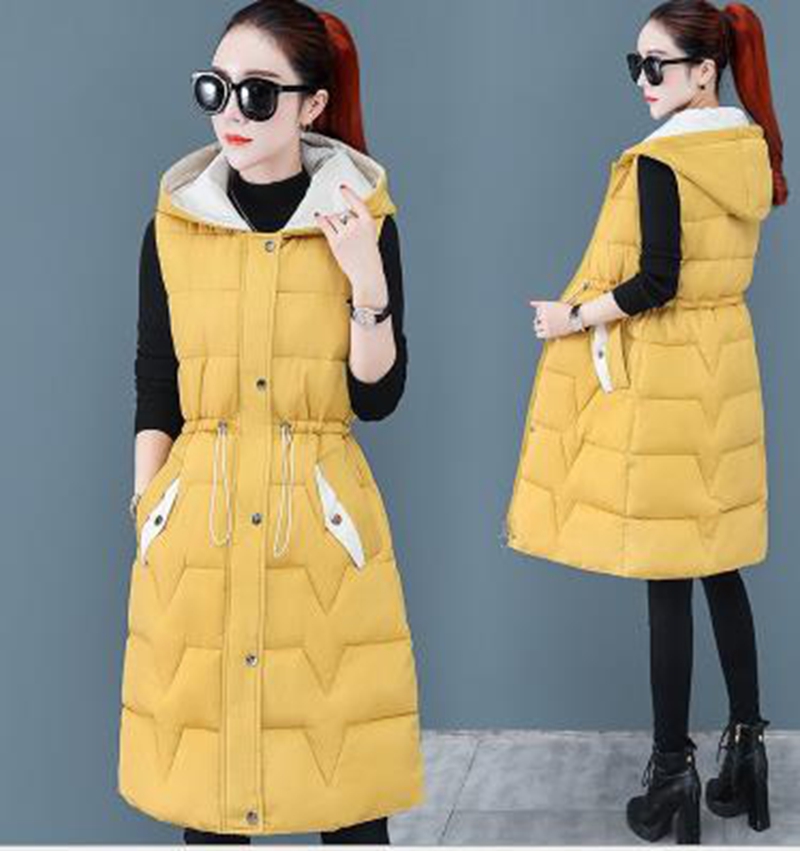 

Wholesale fashion new women's hit color mid-length sleeveless hooded cotton vest, Green