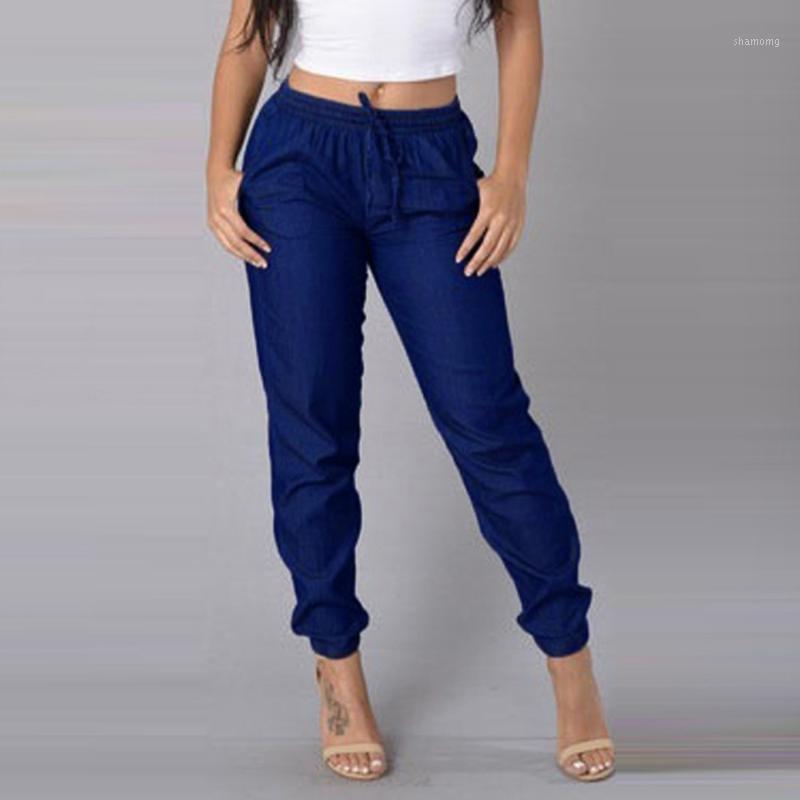 

Womens Elastic Waist Casual Pants High Waist Jeans Casual Blue Denim Pants High Quality Solid Color 2.211, Bu
