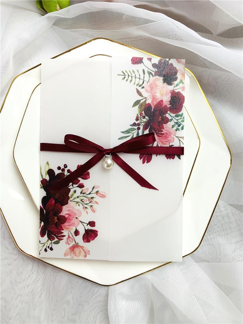 

50pcs Sulfuric Acid Paper UV Flowers Wedding Invitations Card with Ribbon and Pearl for Birthday Party Invites, Customized1