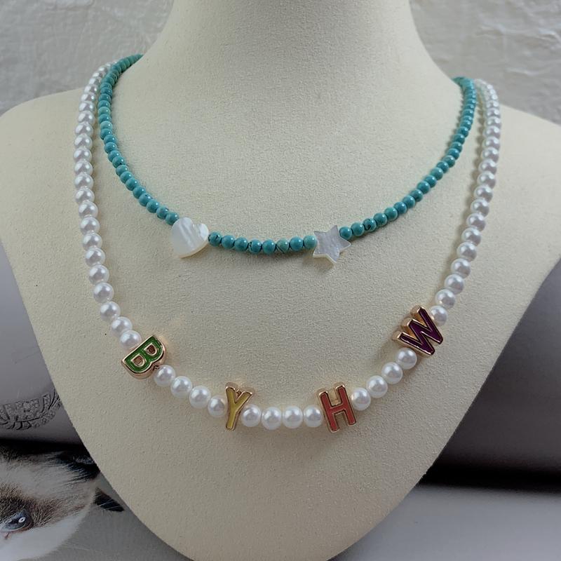 

Layered Star Heart Letter Necklaces Blue Beads Pearl Multilayer Necklace For Women