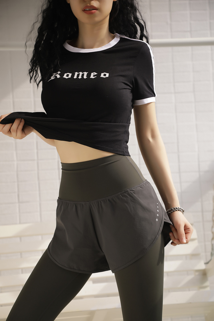 

New Women High Waist Casual Yoga Pant Lady Fake two Running Fitness Slack Clift Hip Tight Quick Dry Stretch Sports Pants Spring Annual 2021, Black