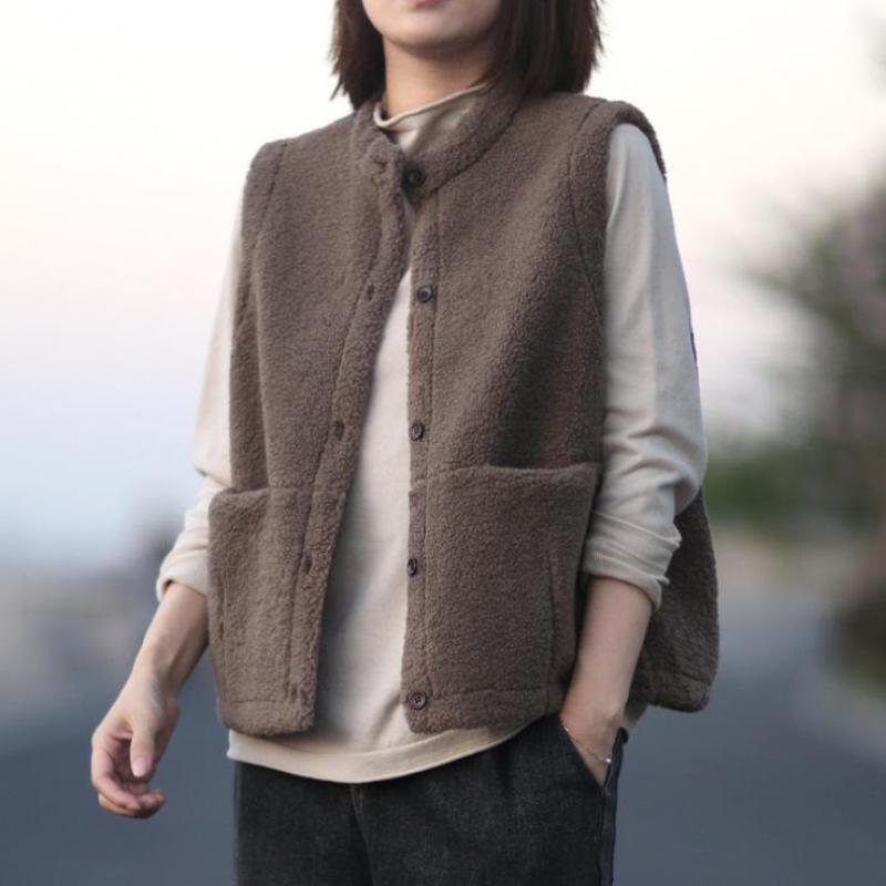 

Johnature 2020 Autumn Winter New Retro Pockets Single Breasted Lamb Hair Vest Loose Comfortable All-match Women Fashion Vest, Beige