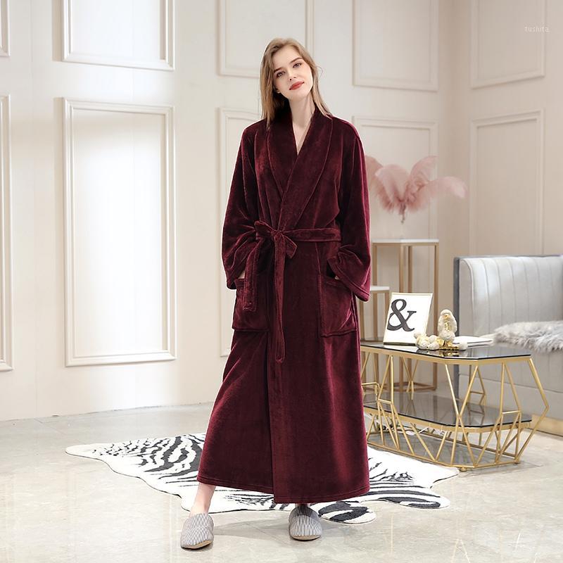 

Women Robe Lovers Coral Fleece Nightgown Autumn Winter Warm Sleepwear Couple Thicken Toweled Bathrobe Nightgown Home Clothes1, Wine red