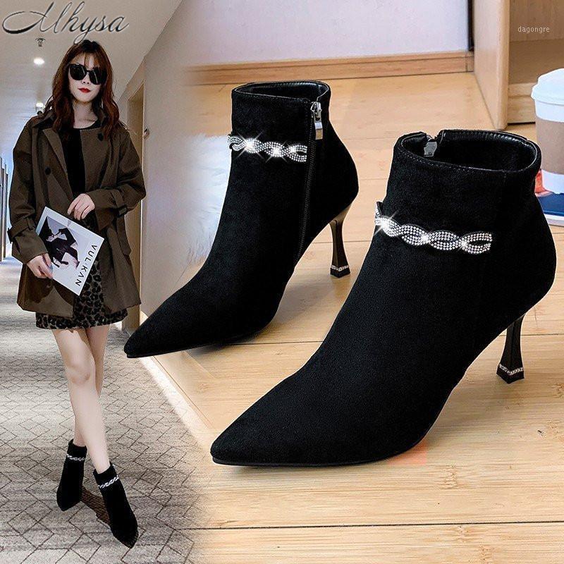 

2021 Winter New Women's Pointed Toe Suede Stiletto Ankle Boots Fashion Side Zipper Rhinestone High Heel Plus Velvet Women' Boots1, Black