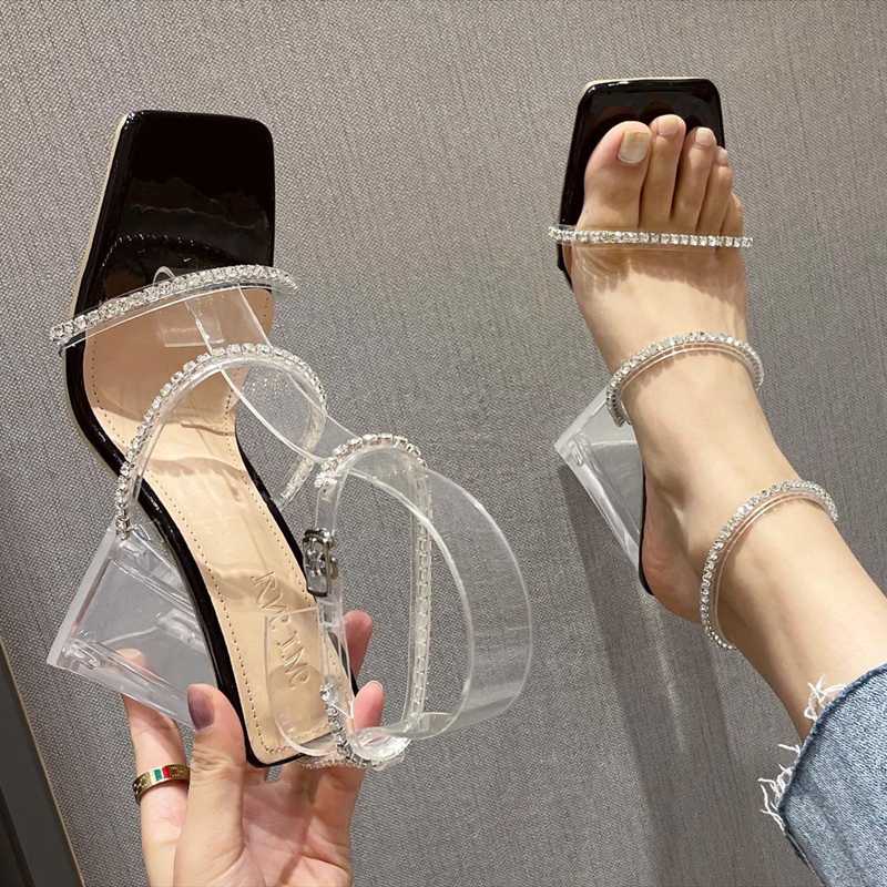 

Sandals Summer Square Toe Diamonds Sexy High Heel Glass Block Shoes Pumps Buckle Strap Women Sandal, Black