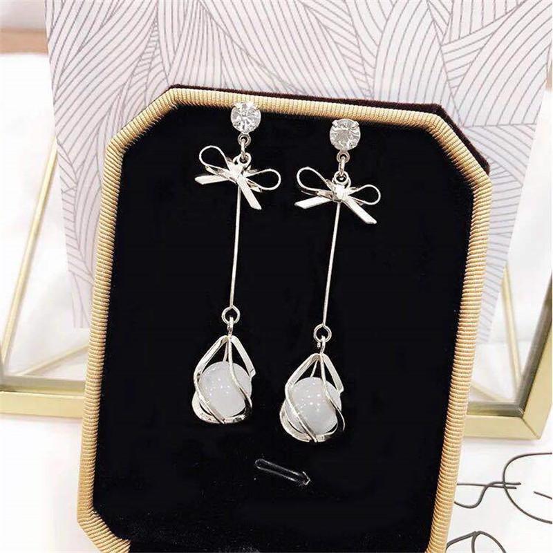 

Korean Bow Opal Long Earrings For Women Elegant Drop Earring 2020 Fashion Jewelry Bijoux Gold/Silver Color