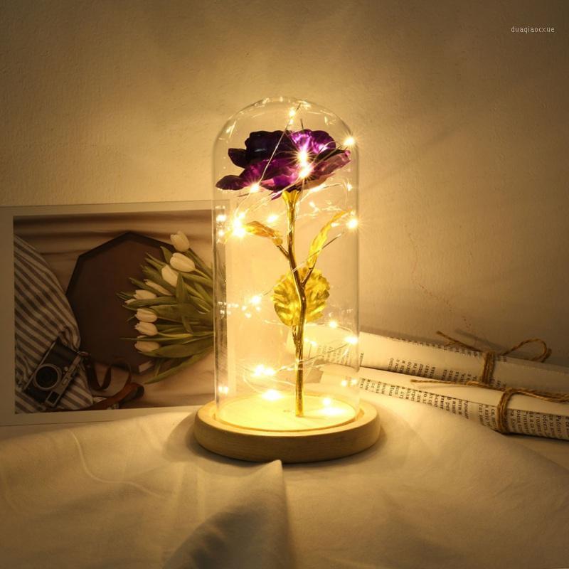 

The Best Valentine's Day Gift For Women 24K Gold Foil Artificial Rose Flower And LED Light String In Glass Dome On Wooden Base1
