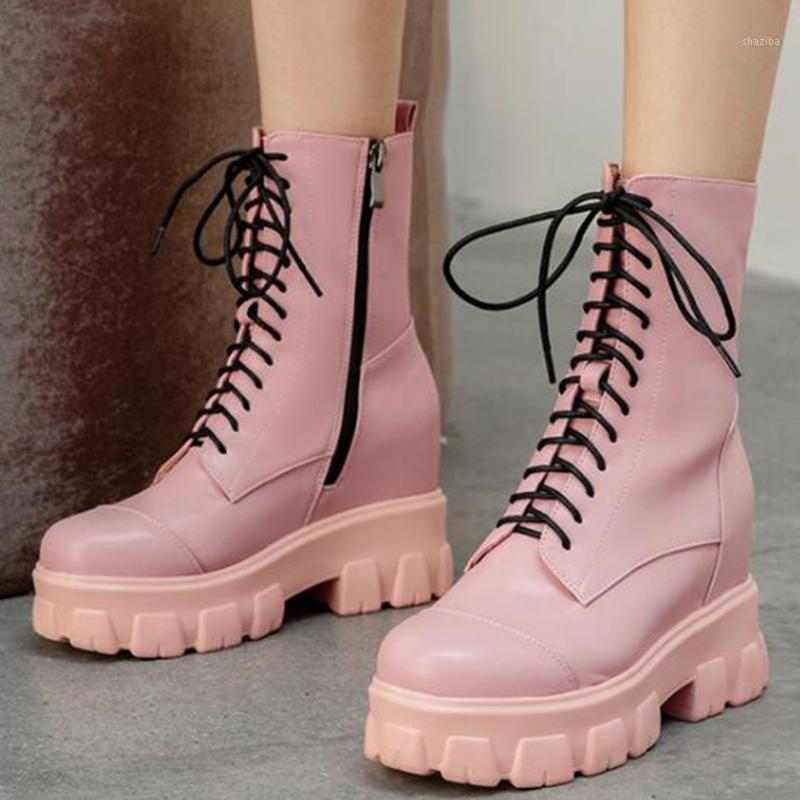 

Woman Lace-up winter Boots Womens British style platform Black pink Leather Ankle Boots Punk Goth white New botas de mujer kl6401