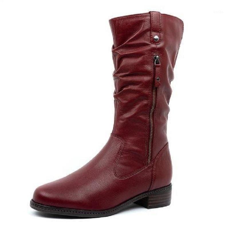 

Autumn Winter Pu Leather Women Shoes Mid Calf Boots Zapatos Mujer Low Heels Platform Zipper Vintage Ladies Western Riding Boots1, Black