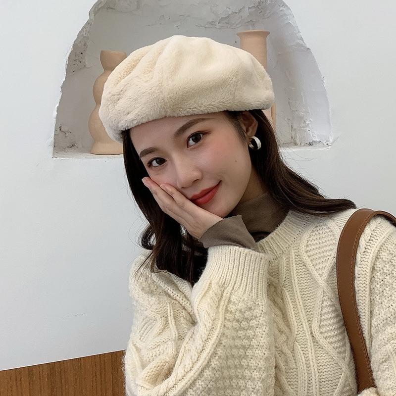 

Women's Hat Winter Solid Color Bucket Cute And Warm Caps Women Girl Beret French Artist Warm Wool Winter Beanie Hat Berets, 1pc white