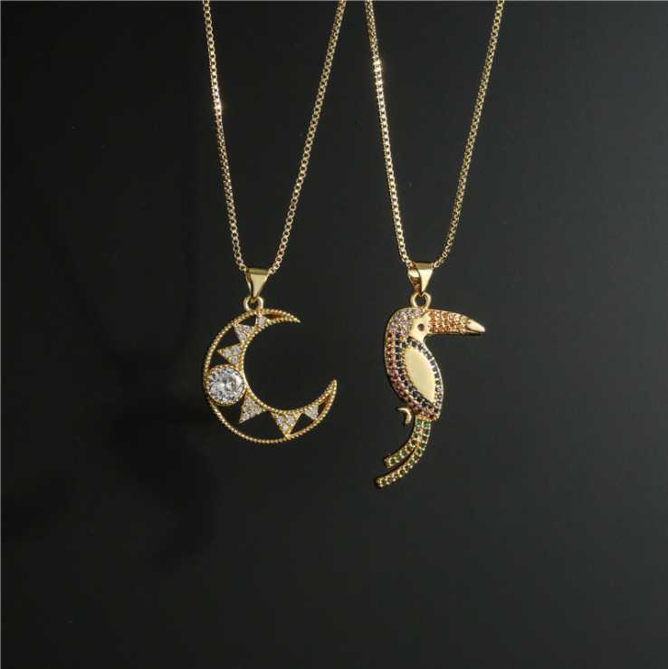 

Women Fashion new woodpecker moon pendant necklace female copper micro inlaid jewelry
