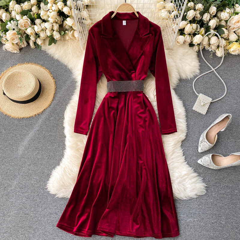 

2021 New Vintage female solid skirt suit collar stripes the line dressed up autumn elegant long dress CU6X, Red