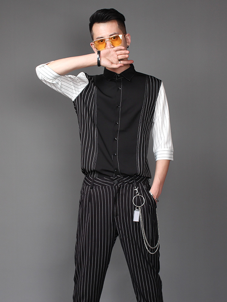 

2021 New M-2xl!! Will See Striped Shirts of Hipster Men Five-point Black White Patchwork Casual Thin Shirt with Long Sleeves. M63T