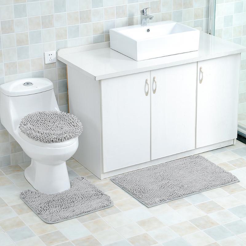 

3Pcs/set Microfiber Anti-slip Toilet Carpet Chenille Plush Bathroom Floor Mat Dining Room Living Room Carpet Machine Washable1, Sky blue