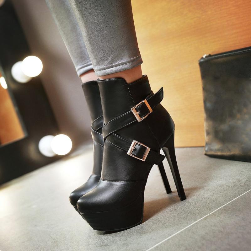 

Original Intention New Sexy Women Ankle Boots Platform Round Toe Thin Heels Black White Beige Shoes Woman US Size 3.5-13, M13
