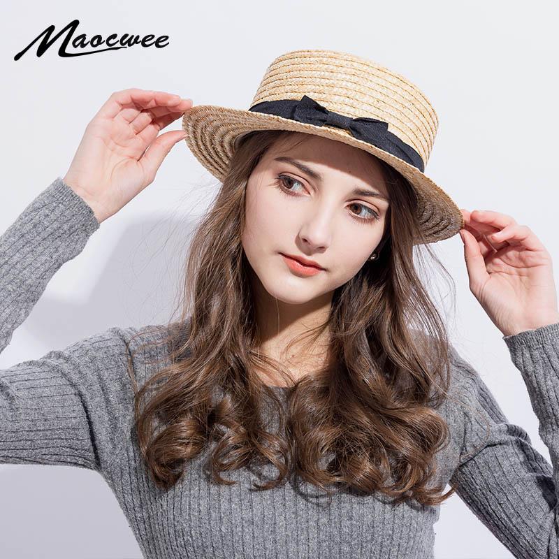 

Wide Brim Hats 2021 Summer Women Boater Beach Hat Female Casual Panama Lady Brand Classic Bowknot Straw Flat Sun Fedora