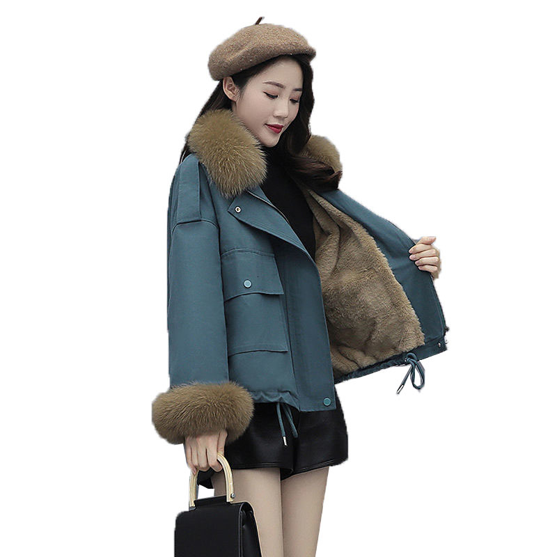

2021 New Female Fashion Jacket Autumn Winter Coats Parkas Short Fox Fur Collar From Lamb Down Thicken Blue Outler Jackets 8MNA