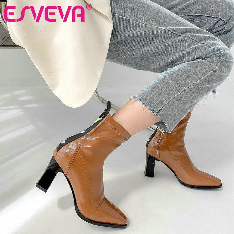 

ESVEVA 2021 Patent Leather Ankle Boots Women Boots Winter Women Shoes Pointed Toe High Heel Zipper Size 34-39, Black