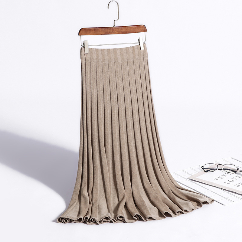 

2021 New Vertical Striped Knitted Women Sweater Skirt Elastic Band Pleated Midi Chic High Waist A-line Skirts Female Nm6d, Khaki