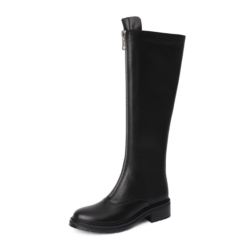 

MKKHOU fashion Knee-high Boot Women 2020 New Winter Leather Round Head Thick Soled Front Zipper With Velvet Leather Boots Women, Black