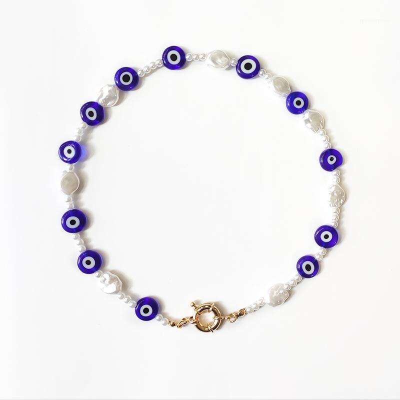 

Handmade Irregular Imitation Pearl Necklace Blue Eye Beads Mix And Match Fashion Charm Jewelry Women Christmas Choker 20201