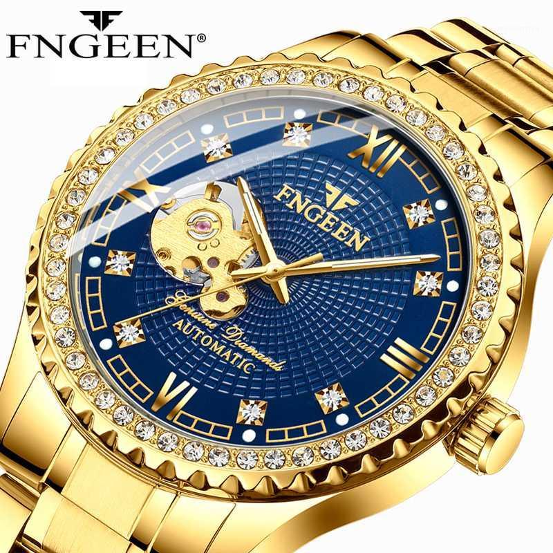 

2020 Golden Stainless Steel Mens Skeleton Watches Top Transparent Luminous Mechanical Male Automatic Wrist Watch1, Silver gold blue