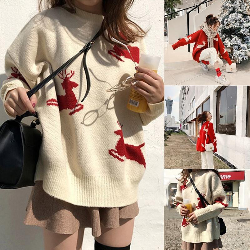

Women Long Sleeves Round Neck Knitted Sweater Solid Color Fawn Pattern Pullover, Beige