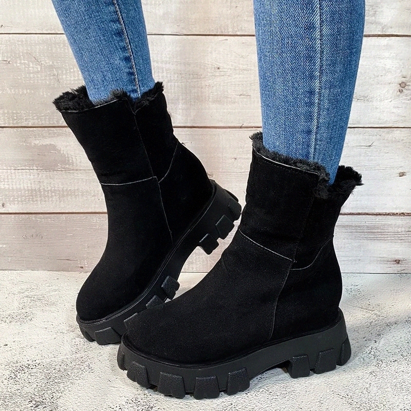 

Boots for Women Winter Chunky Heel Ankle Boots Flock Leather Platfrom Shoes Winter Warm Plush Snow Female Footwear #S666, Gold