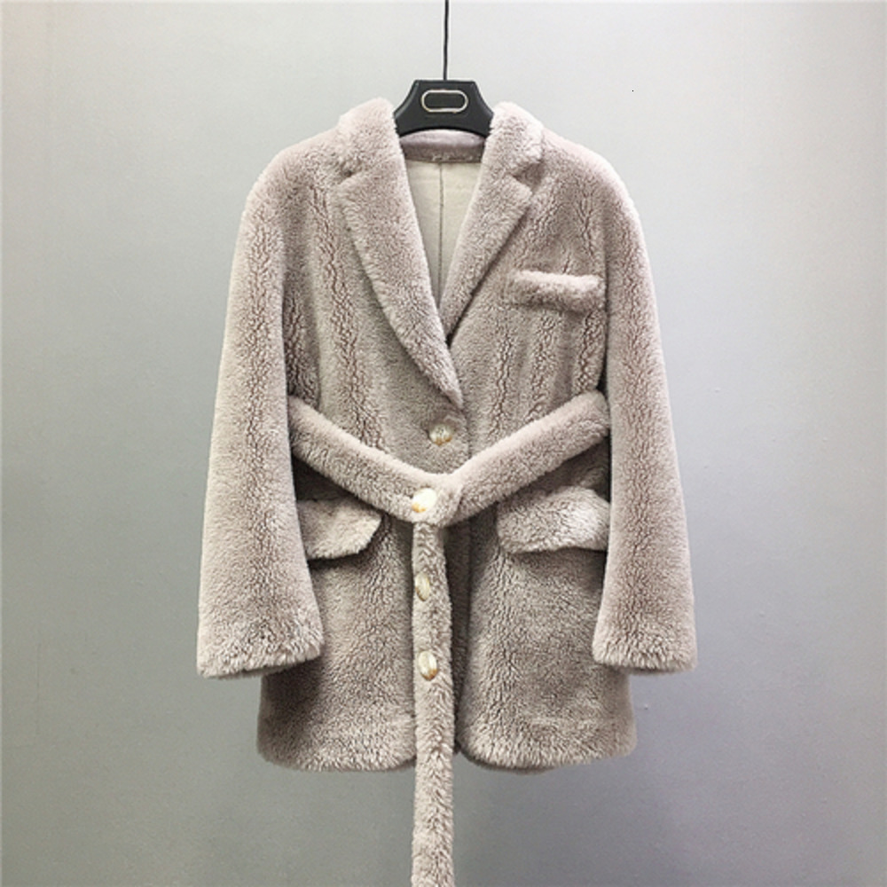 

2020 Winter Oftbuy Jacket Women Natural Weave Wool Real Fur Coat Blazer Belt Thick Warm Outerwear Streetwear Korea Luxury IABI, Light grey